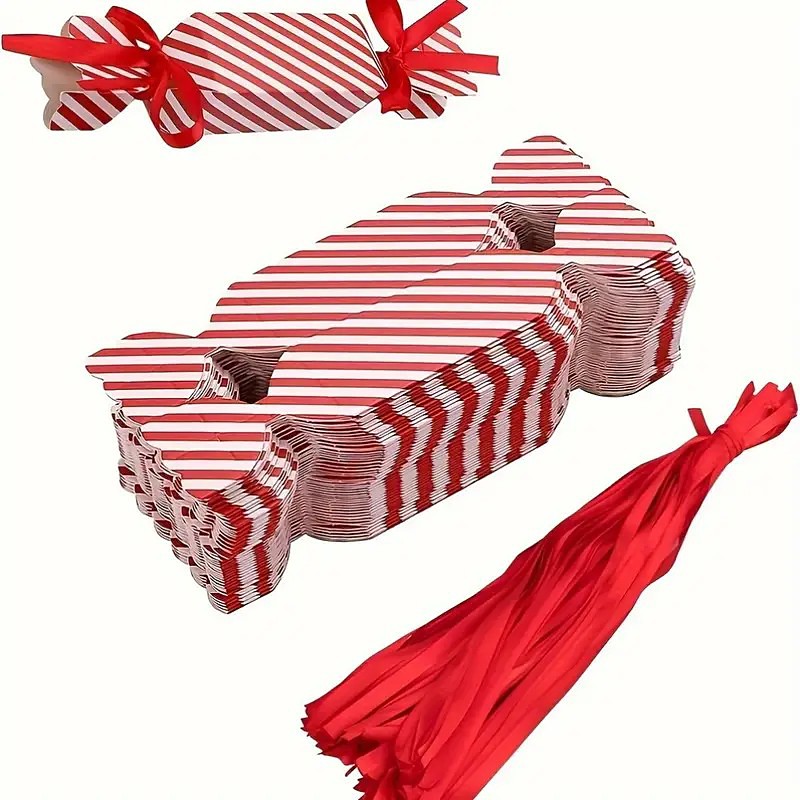 50pcs Christmas Candy Gift Boxes, Red Ribbon Treat Boxes for Kids, Christmas Tree Hanging Decorations, Wedding and Party Favor Boxes for Candy, Gifts, and Holiday Packaging