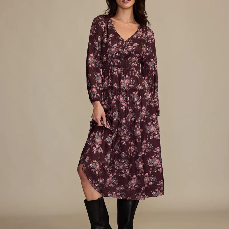 Lucky Brand Long Sleeve Floral Midi Dress - Women's Clothing Dresses Shirt Midi Dress in Burgundy Floral, Size XL