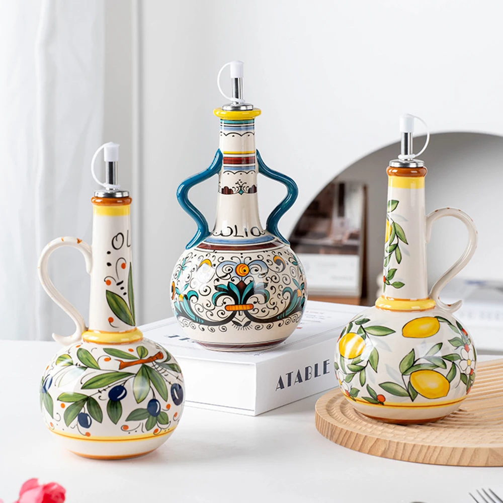 Bouteille d'huile en céramique peinte à la main, style nordique, stockage de cuisine, distributeur d'huile de vinaigre, ustensile de cuisine pour usage domestique, pot d'assaisonnement de cuisine