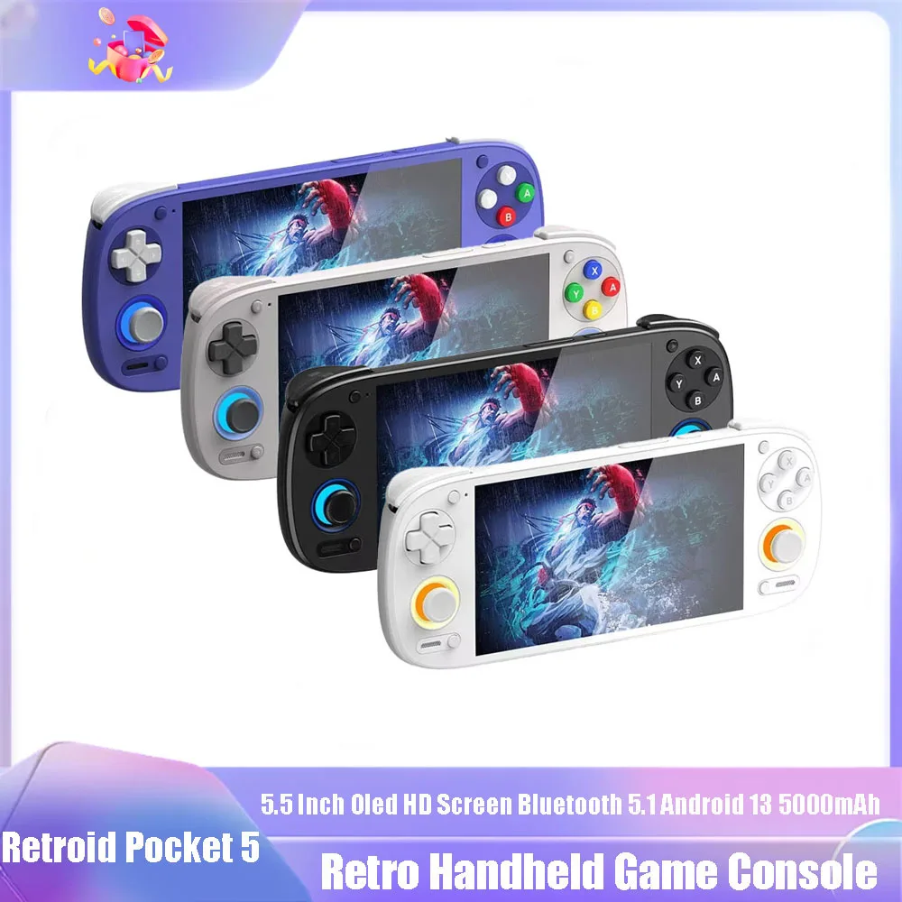 Retroid Pocket 5 Retro-Videospiel-Player 5,5 Zoll Oled HD-Bildschirm Bluetooth 5.1 Android 13 5000 mAh SD865 Handheld-Spielekonsole