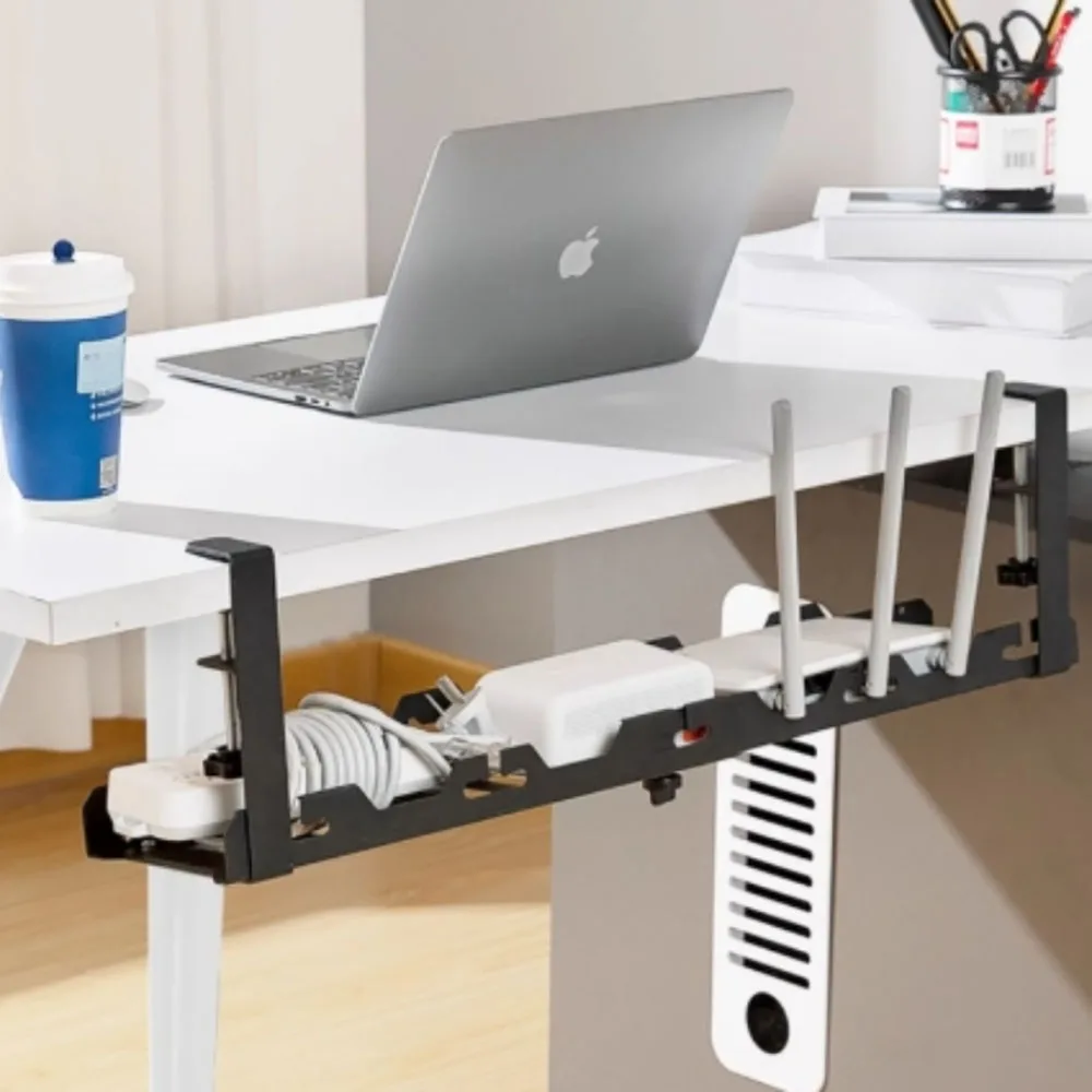 Kein Bohren, ausziehbares Kabelmanagement unter dem Schreibtisch, Kabelablage aus Metall unter dem Schreibtisch mit Klemme, einziehbarer Steckdosenleisten-Kabelhalter