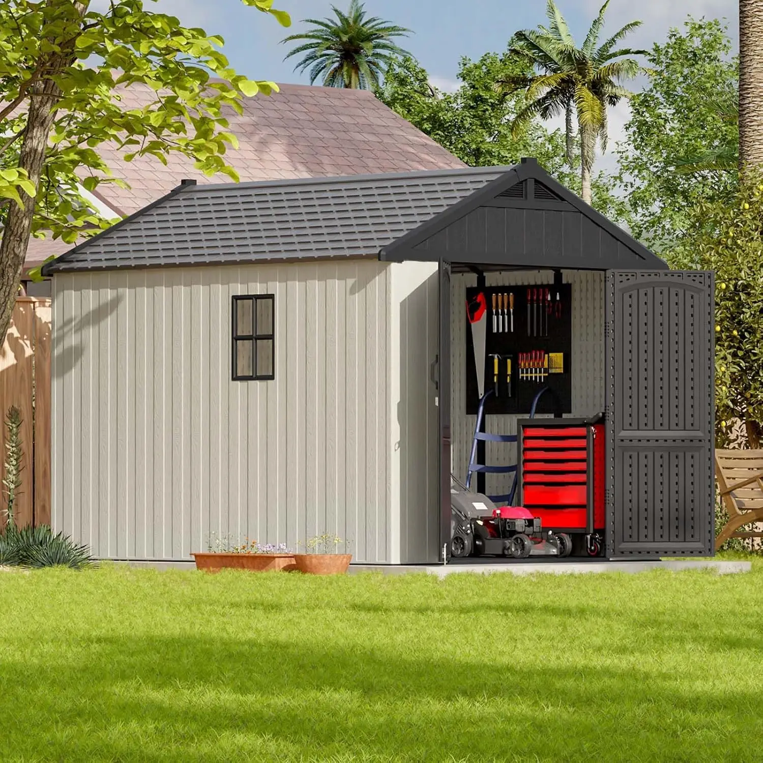 8x10 FT Plastic Shed Outdoor Storage Shed with Floor, Resin Garden Tool Shed Lockable Door & Two Windows for Patio