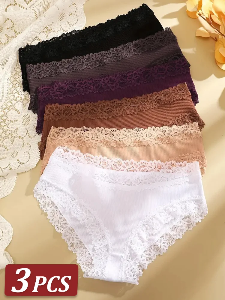 3Pcs Sexy Cotton Briefs Lace Women Low Waist Panties Underwear S-XL Solid Color Ladies Briefs Lingerie Underwear Women