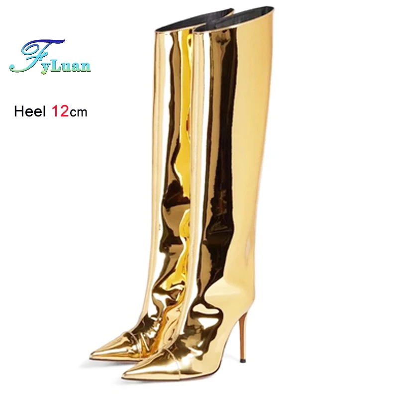 12CM Stiletto V Cut Kniehohe Stiefel Spiegel Lackleder Europa und Amerika Sexy T Show Schuhe Nachtclub Spitze Stiefel für Frauen