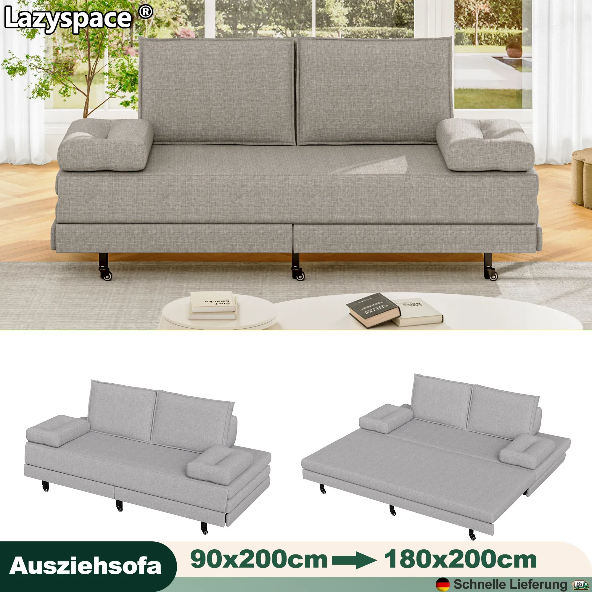 Comanlai ausziehbares Schlafsofa aus Leinen für das Wohnzimmer, erweiterbares 90 bis 180 cm großes umwandelbares Schlafsofa mit Leinen gepolstertes Schlafsofa Image