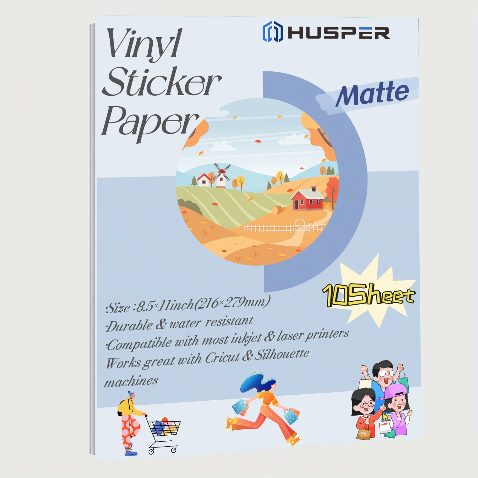 HUSPER 8,5 x 11 Zoll 10 Blatt mattes, wasserfestes, hochwertig bedruckbares Vinyl-Aufkleberpapier für Tintenstrahldrucker, selbstklebende Blätter Image