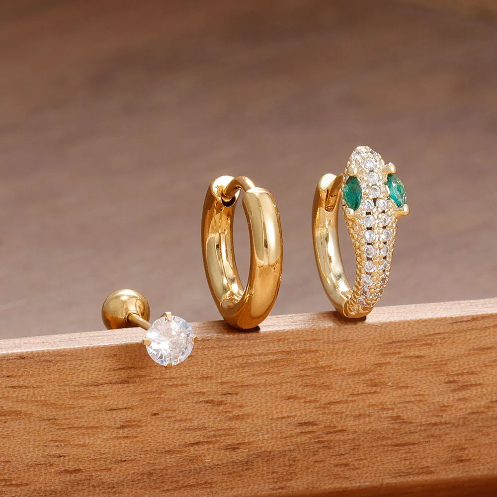 3PCS Edelstahl Grün Kristall Zirkonia Schlange Hoop Ohrringe Set Für Frauen Mode Chic Punk Tier Party Schmuck Zubehör