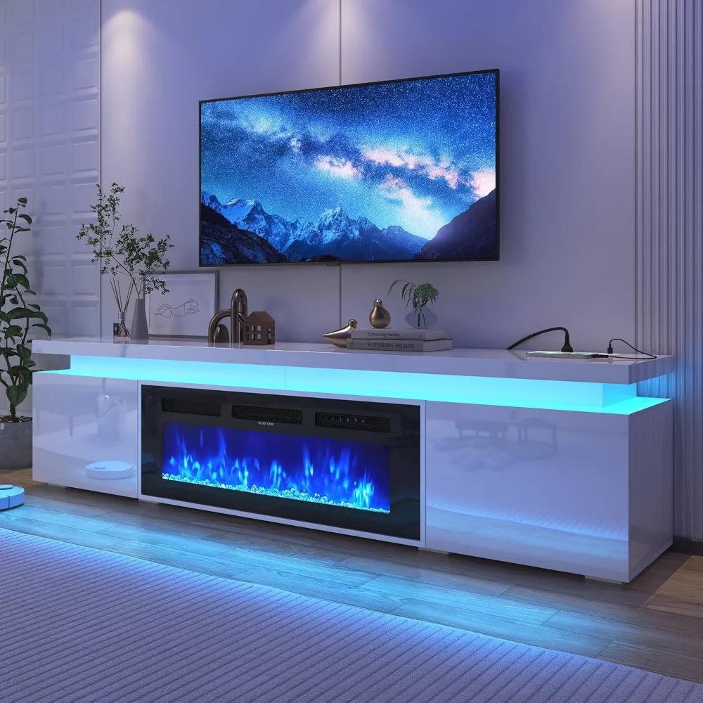 71Inch LED TV Stand with 40In Fireplace for 80Inch TV, Modern Fireplace TV Stand with Power Outlet, High Gloss TV Console Entert