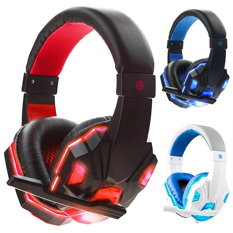 Über-Ear-Headset, 3,5 mm kabelgebundener Gaming-Kopfhörer, HiFi-Stereo-Gaming-Kopfhörer, integriertes Mikrofon, LED-Licht, Kopfhörer mit geringer Latenz für PC PS3 Image
