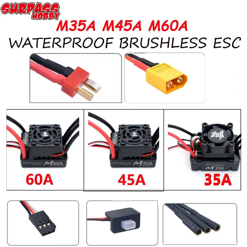 Übertreffen hobby m35a 45a 60a 2-3s wasserdichter bürstenloser esc t/xt60 stecker für 1/10 1/12 1/14 1/16 rc auto f540 3650 bürstenloser motor