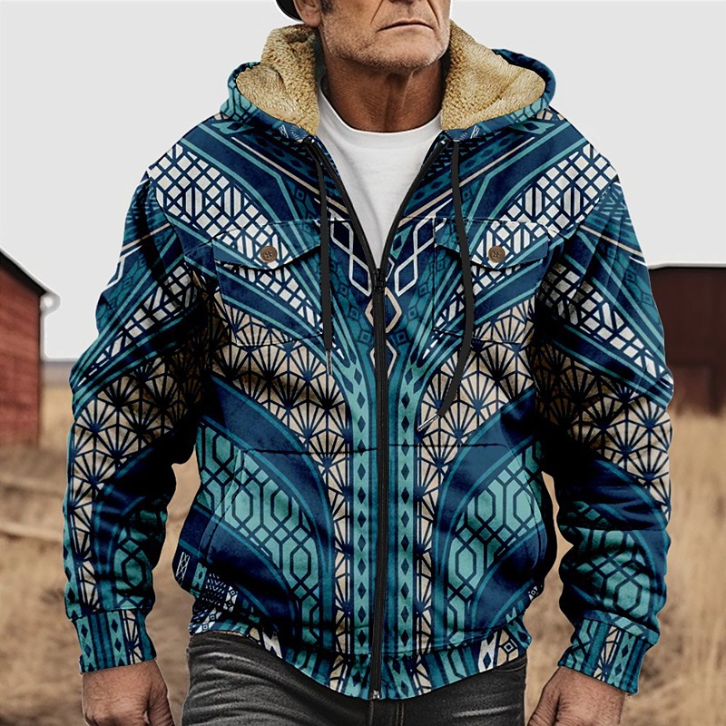 Men's Graphic Bohemian Hoodie Jacket Fashion Ethnic Casual Long Sleeve Hooded Outdoor Sports Outdoor Going out Red Burgundy Blue Orange Khaki Pocket Print Fleece Winter Designer S M L XL 2XL 3XL