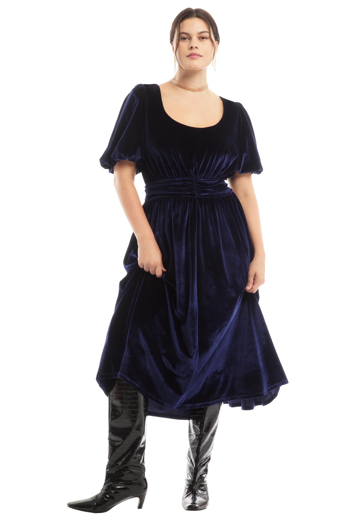 Plus Size Women's Puff Sleeve Stretch-Velvet Midi Dress by June & Vie in Inkling (Size 26/28)