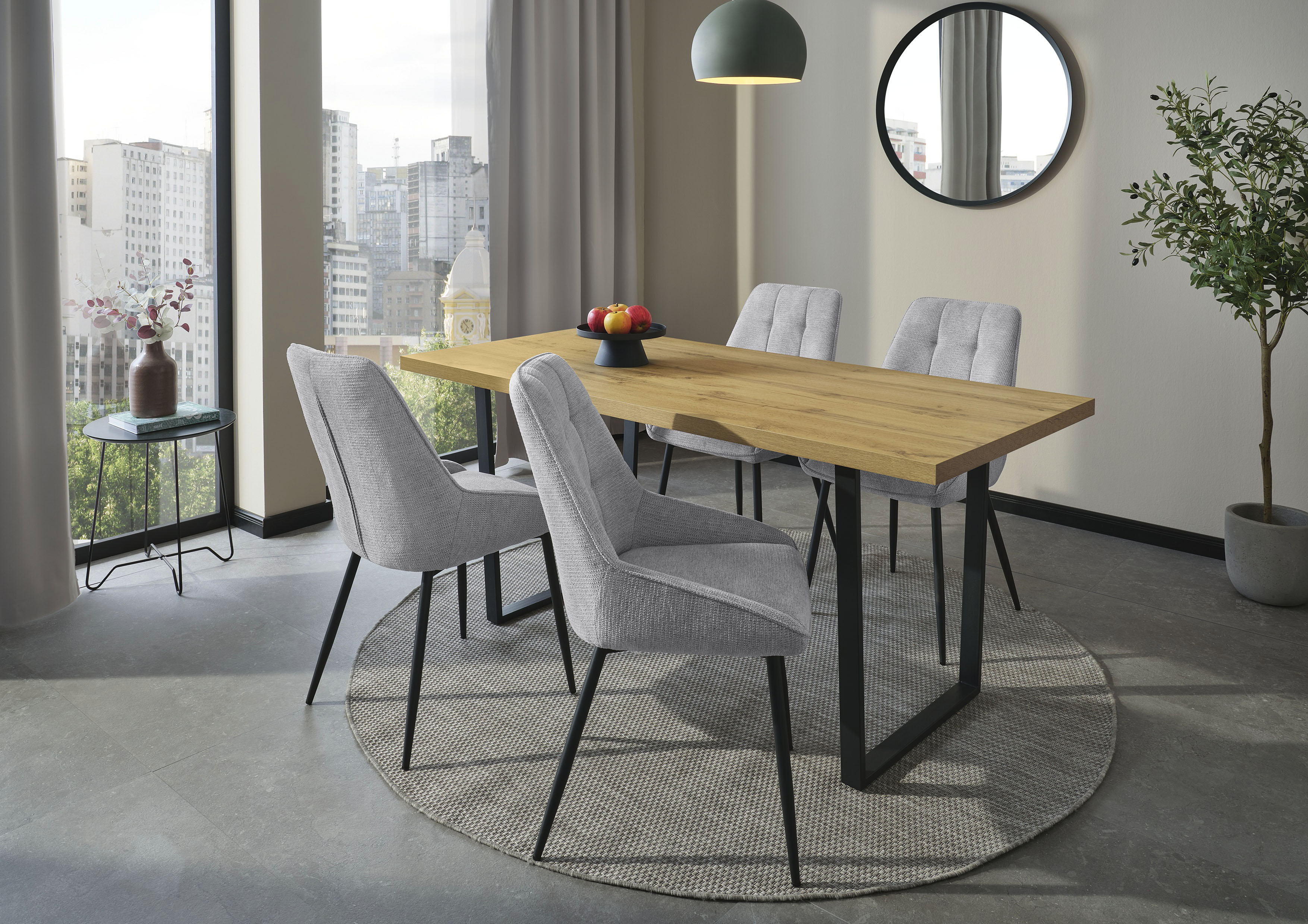 Essgruppe JOCKENHÖFER GRUPPE "ROGER, Sitzgruppe, Tisch, 4 Stühle", tisch wildeiche, stühle hellgrau,, Tisch Wildeiche, Stühle hellgrau, Sitzmöbel-Sets, Tischplatte Wildeiche, Stühle mit Webstoff