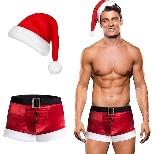 Costume de couple Lingerie Boxer Short avec un chapeau de Père Noël père Noël Sexy Drôle pour Homme Adultes Noël Nouvel An Soirée Vêtements de maison