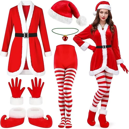 Costume de Noël Robe De Noël Fantaisie Costumes de père noël Costumes de cosplay avec accessoires père Noël Mrs. Claus Noël Bordure en fourrure pour Femmes Adultes Noël Nouvel An Soirée Costume