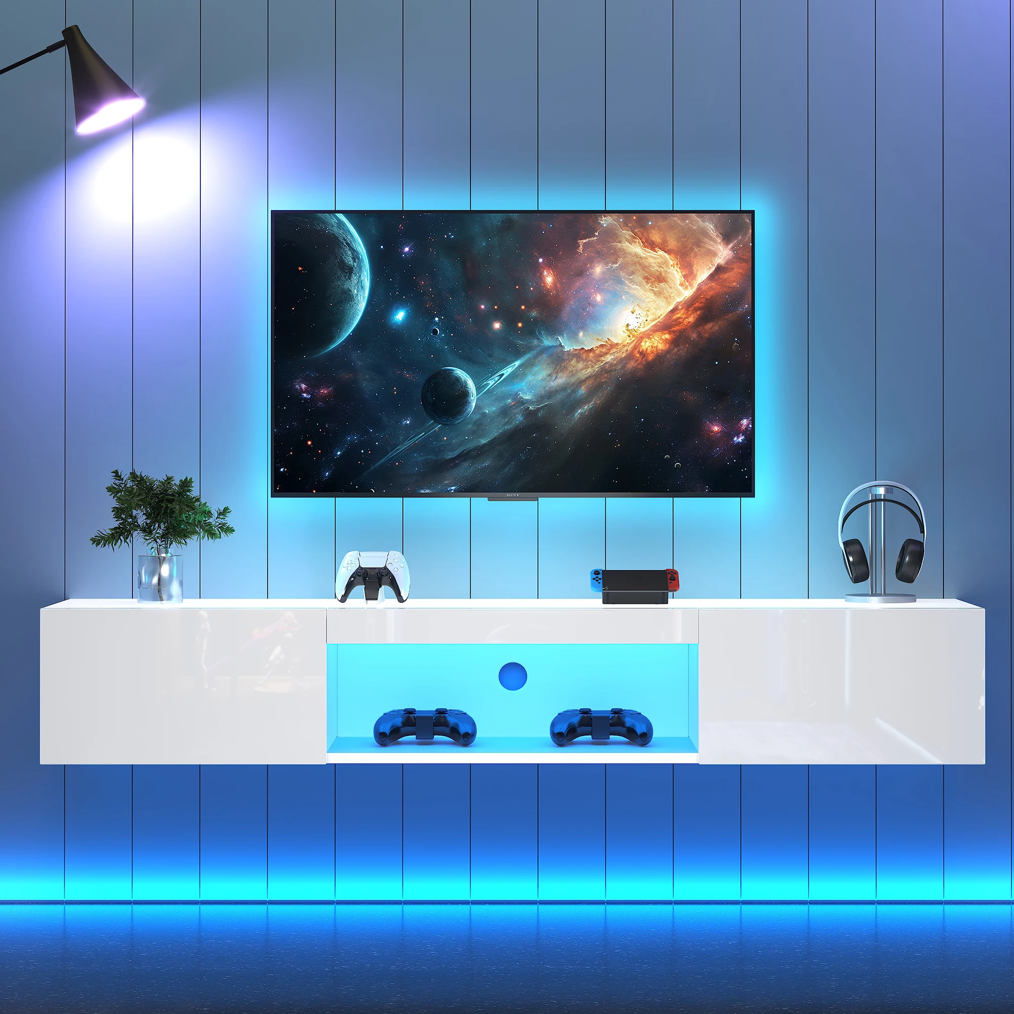 Anajqaqia Meuble TV blanc, meuble TV moderne avec éclairage LED et espace de rangement, support TV Bluetooth mural, 160 × 31 × 22 cm