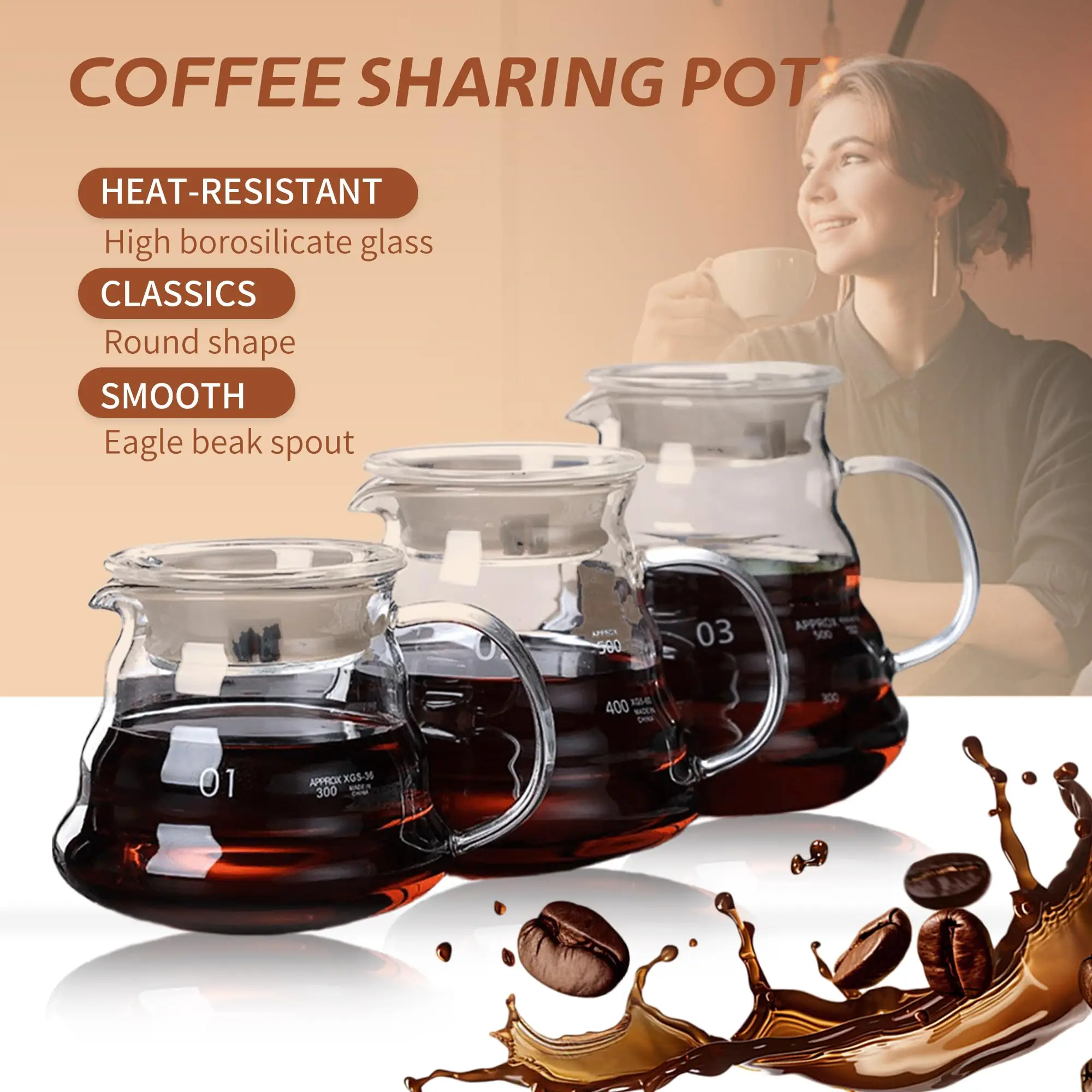 Cafetière résistante à la chaleur 360/600/800ml, bouilloire en verre transparent, Pot de partage avec couvercles, accessoires pour cafetière expresso
