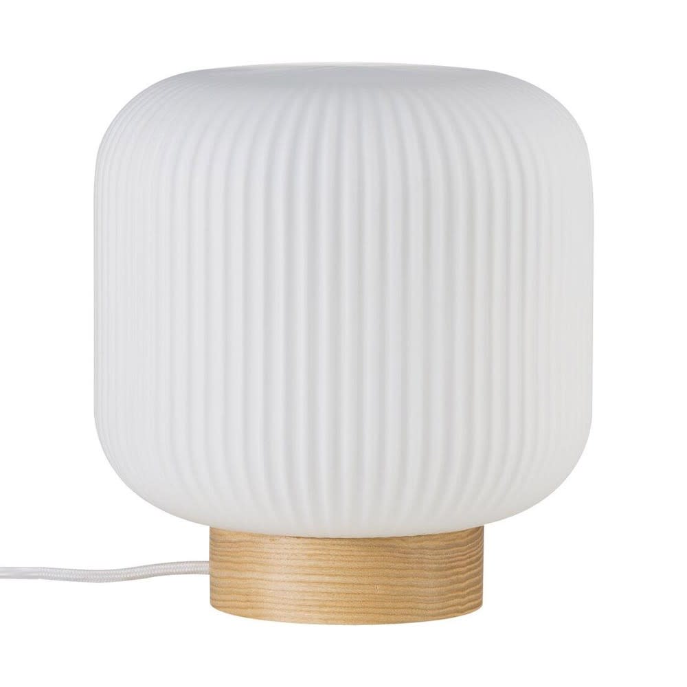 Lampe de table avec socle en bois et abat-jour en verre