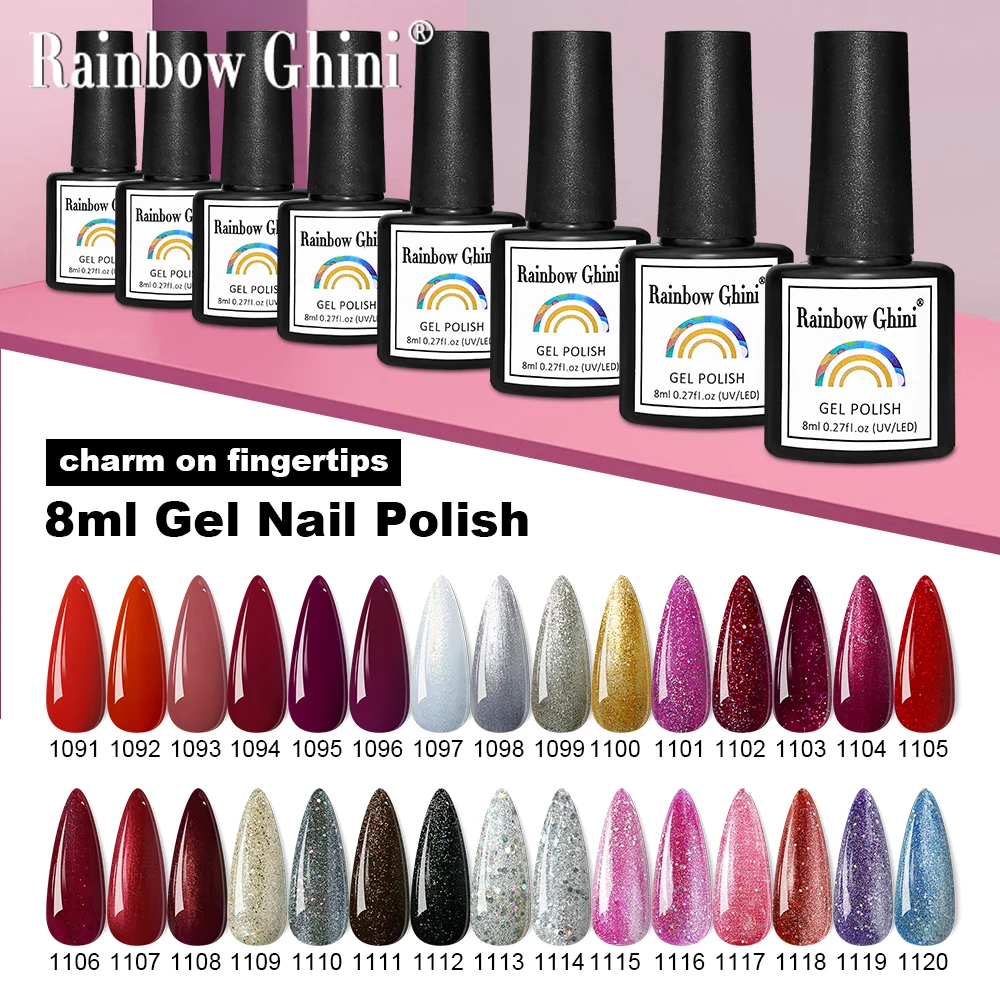 Rainbow Ghini 8 ml 6 Teile/satz HEMA TPO Kostenloser Nagellack Farbe Gel Nagellack Set Helles Rot-Lila Schema Einfarbig Nagel Gel Image