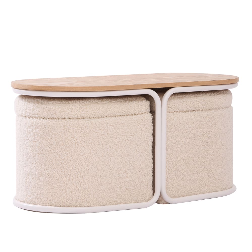 Set d'une table basse en bois et 2 poufs en bouclettes blanches