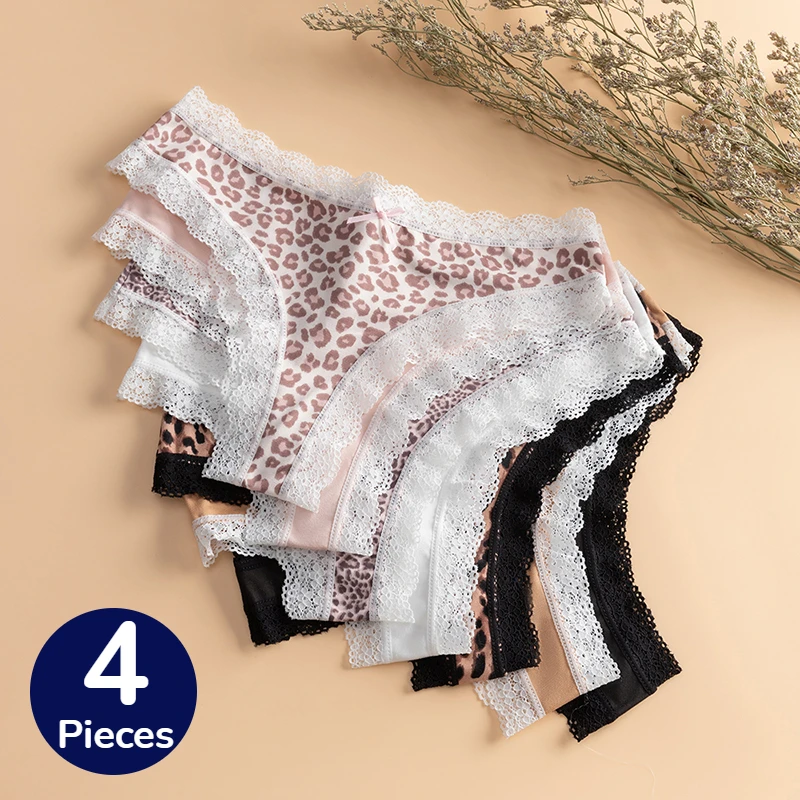 WarmSteps 4 Stück Spitzen-Damenhöschen, französische Tangas, Leopardenmuster, sexy Dessous, Blumen, weiche Unterwäsche, bequeme, atmungsaktive G-Strings Image