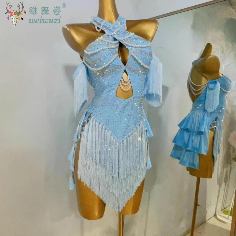 Latein-Tanz-Wettbewerb Damen High-End-Kleid mit individuellem hängendem Hals, Perlenkette, Brust, Samba, professionelle Leistung, Strass-Kleid Image