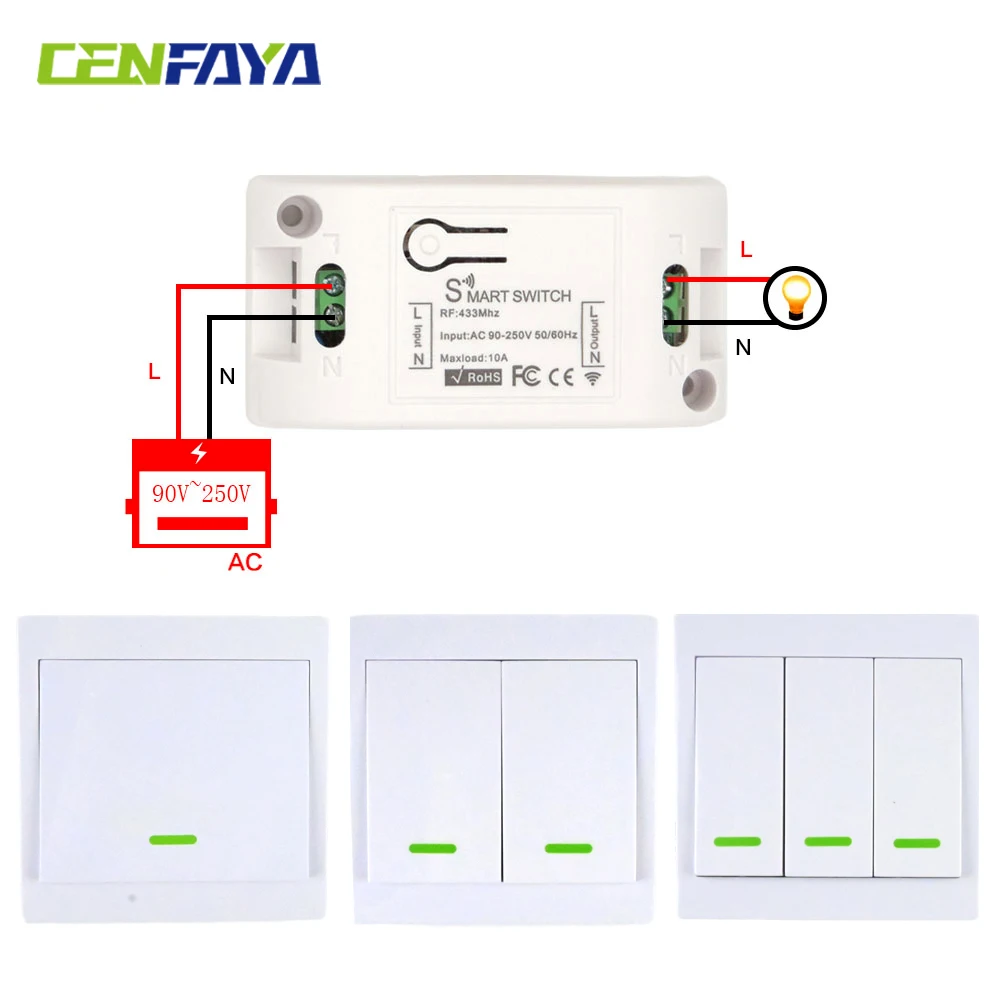 CENFAYA 433 Mhz Drahtlose Fernbedienung Lichtschalter AC 110 V 230 V 220 V Empfänger Modul 1 2 3 Gang Wand Panel Sender EIN/AUS Image