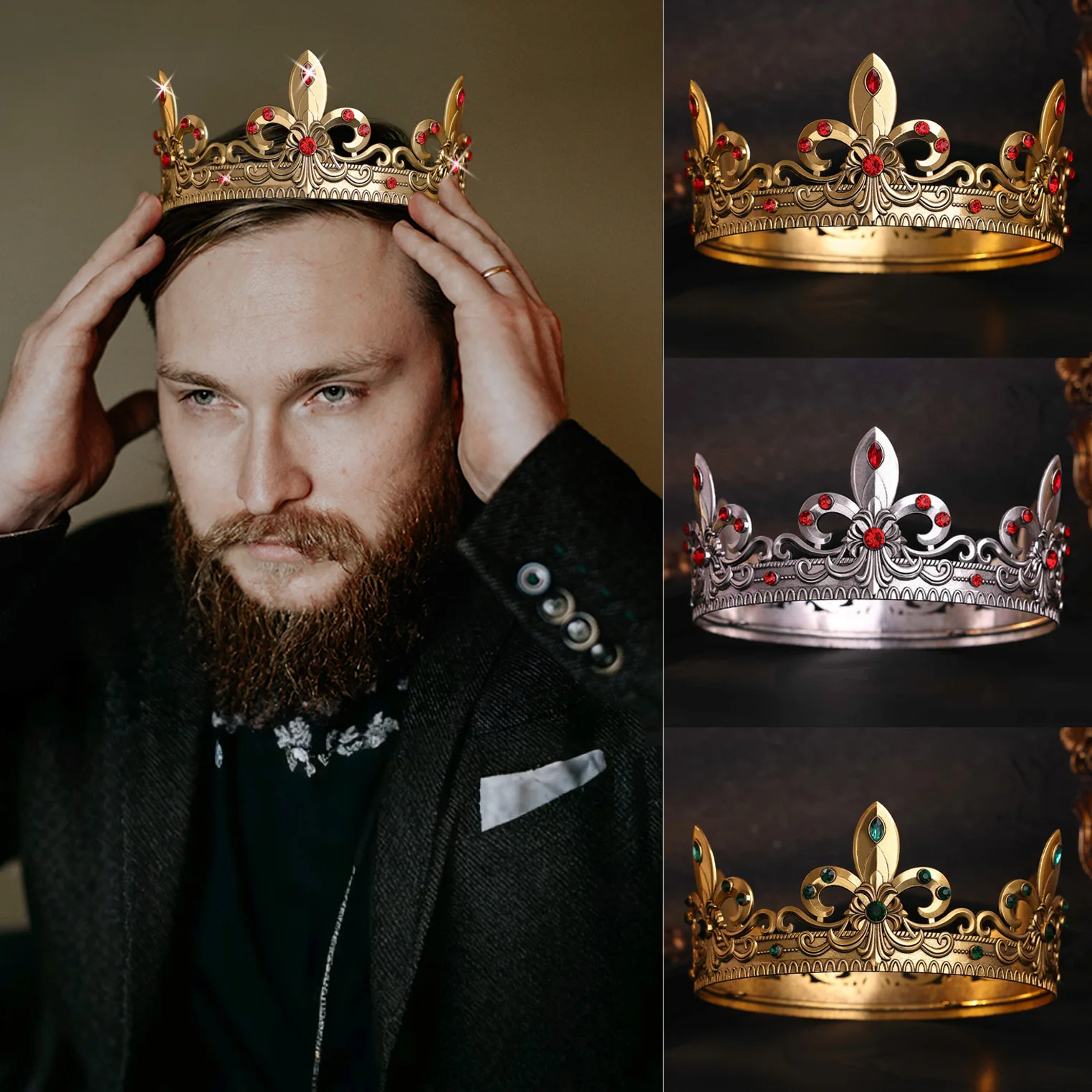 Gold/Silber Königskrone für Männer, Prinz-Tiara, königliches mittelalterliches Stirnband, Kostümzubehör für Cosplay, Geburtstag, Abschlussball, Halloween