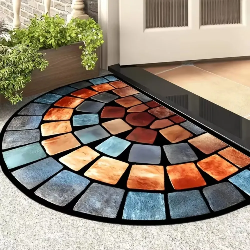 VIKAMA Fußmatte im amerikanischen Vintage-Stil, halbkreisförmig, für den Eingangsbereich, buntes Steinfliesen-Mosaikmuster, rutschfester, saugfähiger Teppich, Heimdekoration Image