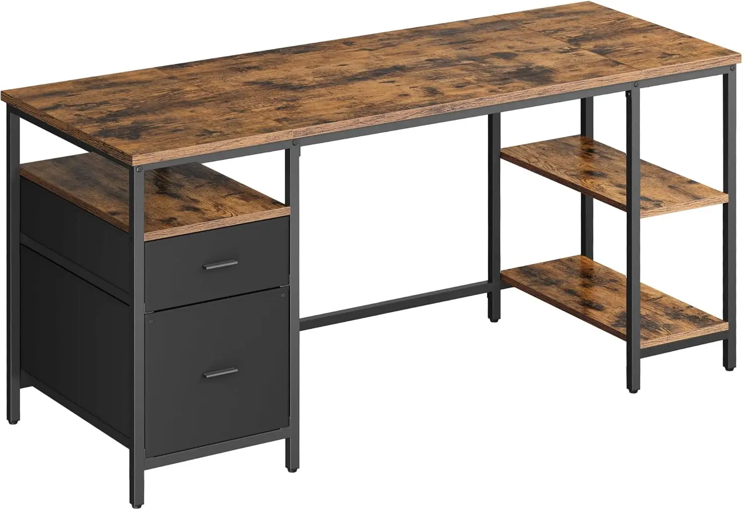 Bürotisch, Schreibtisch, mit 3 Ablagen, 2 Schubladen, 160 x 60 x 76 cm, für Büro, Wohnzimmer, Industrie-Stil, Vintage-Braun-Schw