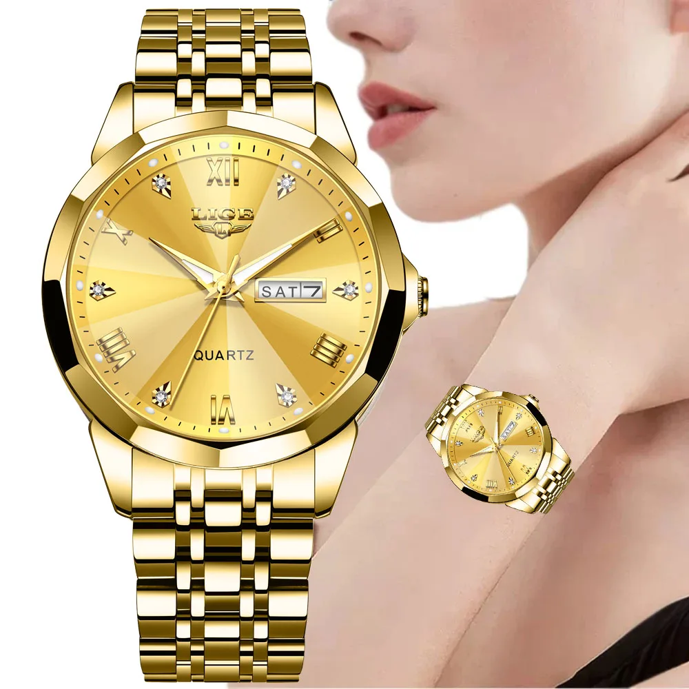 LIGE Original Marke Luxus frauen Uhr Mode Elegante Kreative Stahl Quarzuhr Für Frauen Wasserdicht Woche Datum Chronograph Image