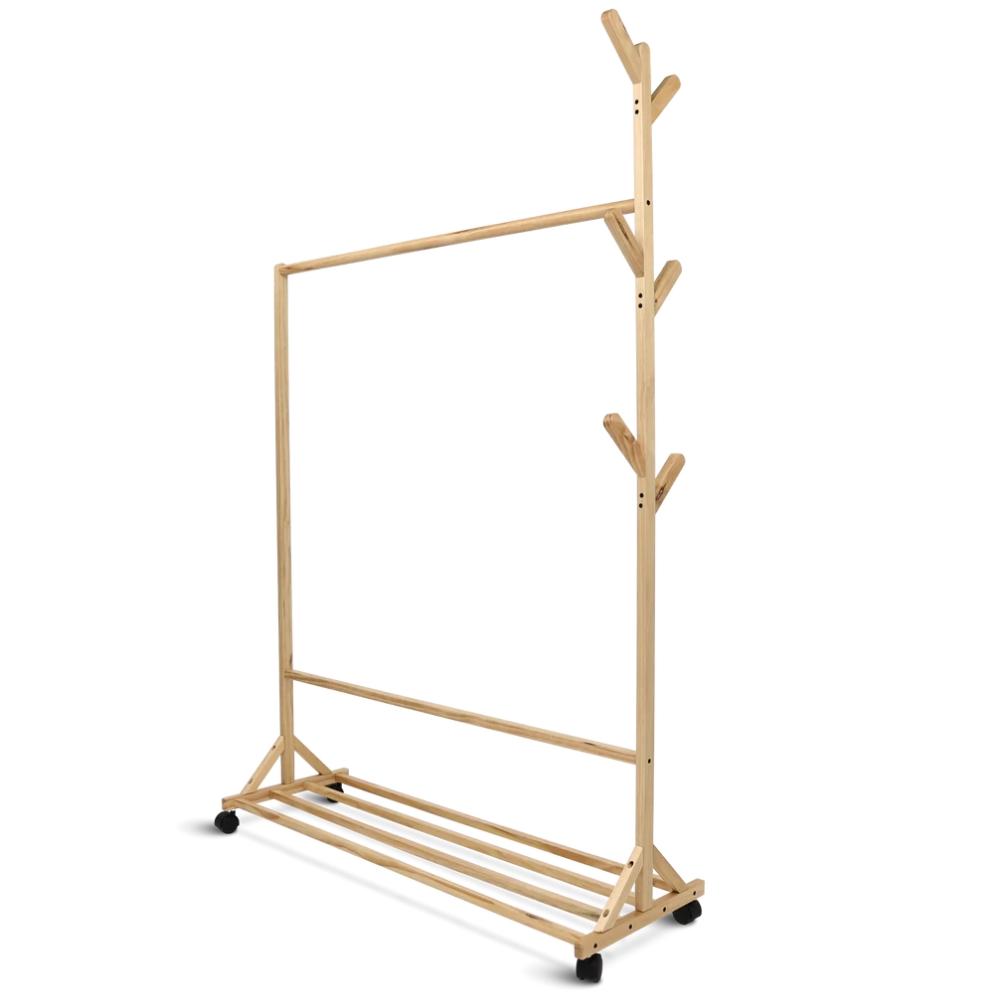 DELUKE® Garderobe mit Rollen SEMU - Massivholz, 6 Haken | Garberobenständer Flur Kleiderstange für Jacken Eingangsbereich Kleiderständer Image