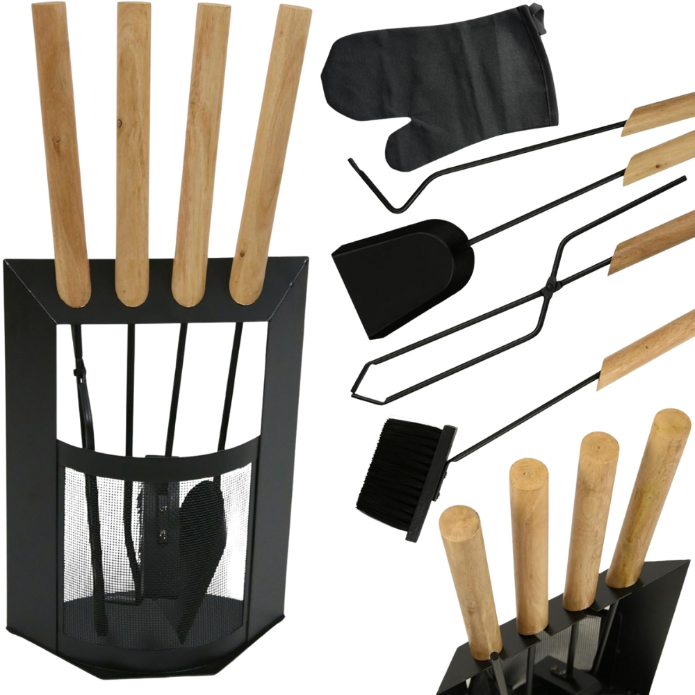 DELUKE® Kaminbesteck modern THEO | 6-teilig mit Holzgriff | Schürhaken Besen Ascheschaufel | Kamingarnitur Schwarz Ofenbesteck Kaminzubehör Image