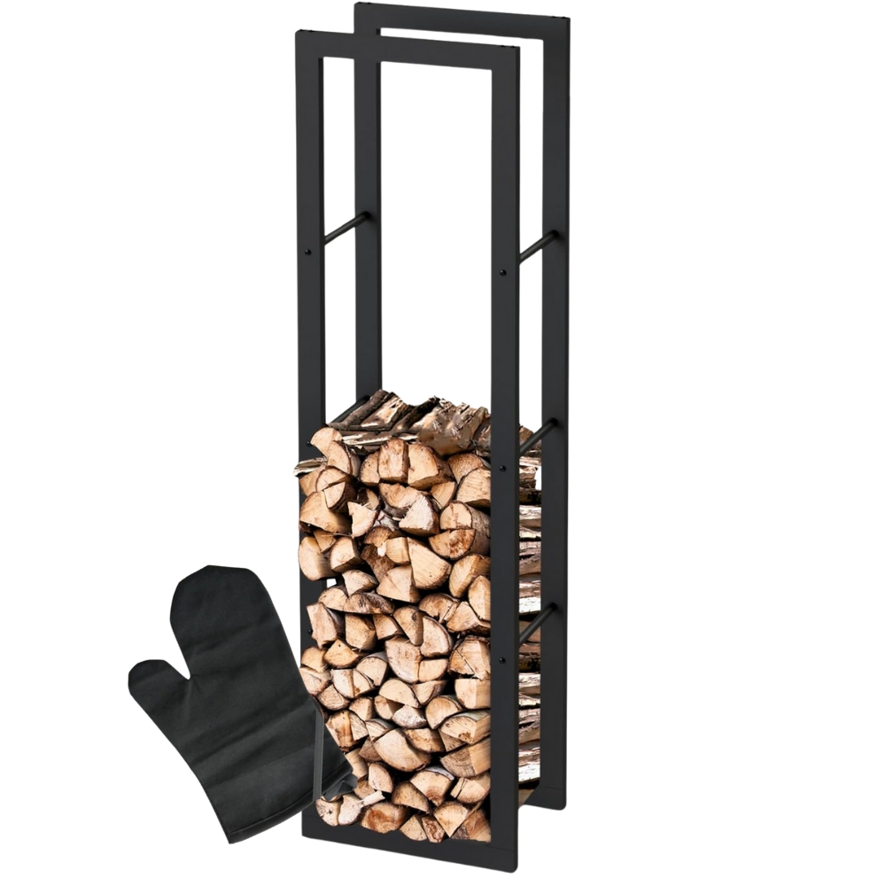 DELUKE® Kaminholzregal innen Metall KEOP Schwarz 45x30x170cm Brennholzregal Inkl. Ofenhandschuh Feuerholzregal Kaminholzhalter Holzständer Image