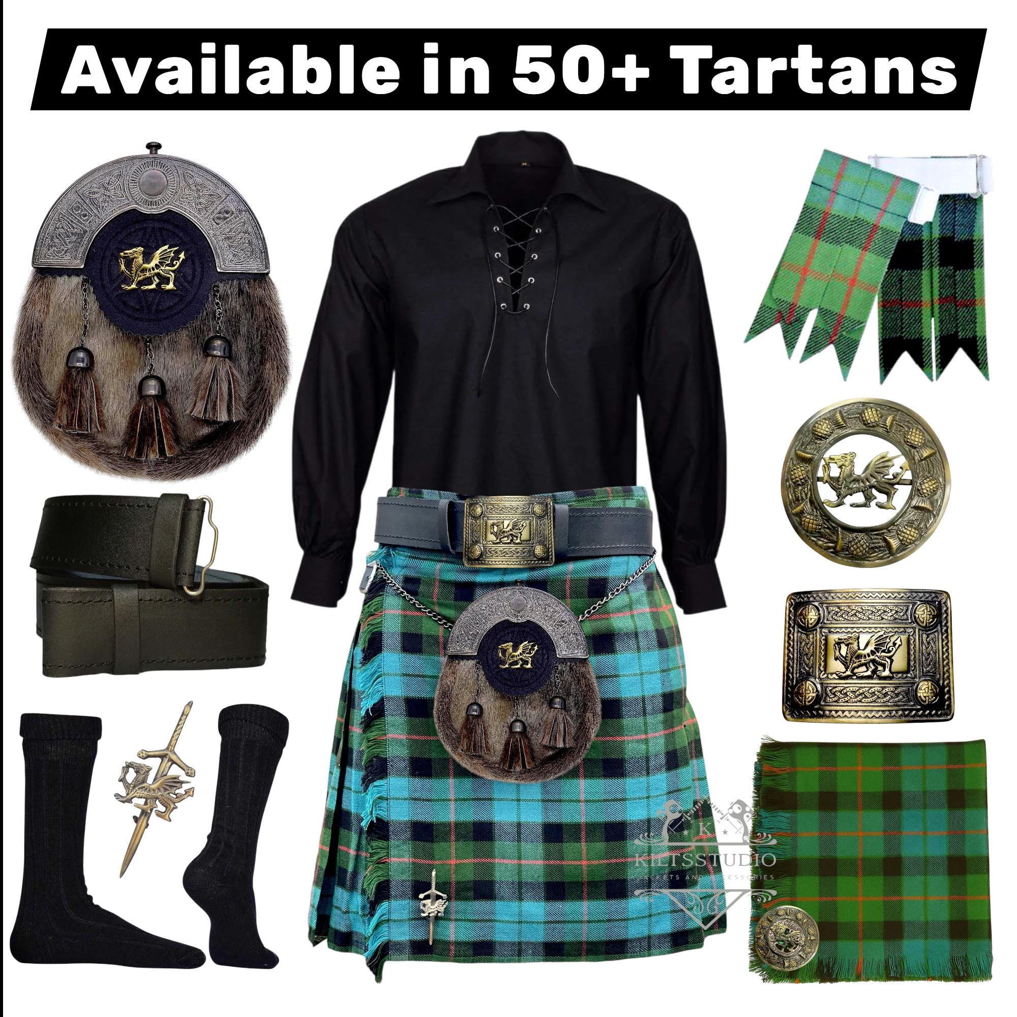 Completo kilt da uomo composto da 10 pezzi - Completo kilt Sporran scozzese antico gallese con drago - Set kilt da matrimonio tradizionale - Disponibi