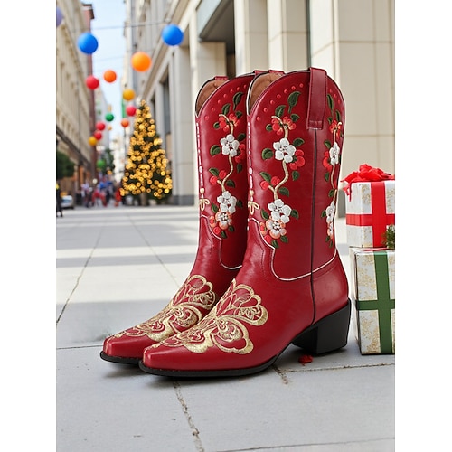Rote Cowboystiefel aus Kunstleder für Damen mit Blumenmuster und Stickereien, Blockabsatz, Retro-Westernstil, perfekt für Festivals, Freizeitausflüge und Weihnachten Image