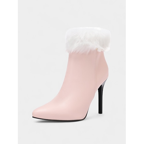 Rote Damenstiefeletten aus Kunstleder mit Kunstfellbund und Reißverschluss, spitzer Zehenbereich, stylischer Stilettoabsatz, perfekt für Weihnachten, Feiertagspartys und festliche Anlässe Image