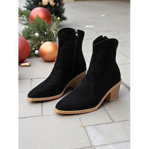 Rote Wildlederstiefeletten für Damen mit Reißverschluss und klobigem Blockabsatz, bequem und stilvoll, perfekt für Weihnachten, Winterausflüge und alltägliche Anlässe Image