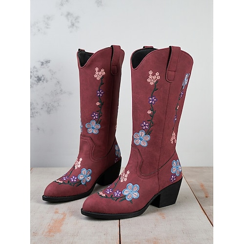 Damen-Westernstiefel mit Blumenstickerei, bequeme Stiefeletten mit Blockabsatz für den Herbst und Freizeitausflüge Image