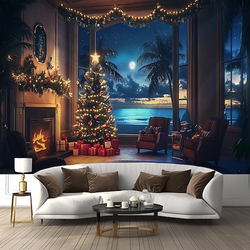 Weihnachtsteppich mit Weihnachtsmann, Weihnachtsbaum Elfe, Wanddekoration, Heimtextilien für Schlafzimmer, Wohnzimmer oder Büro Image