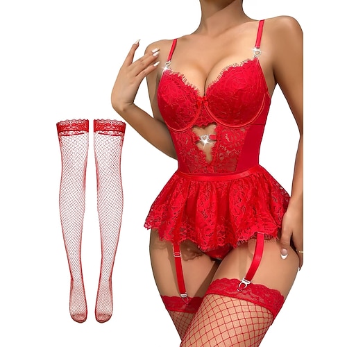 Set Babydoll Unterwäsche Teddy Bodysuit Netzstrümpfe mit Zubehör Frauen Netz Spitze Fancy Nachtwäsche Erwachsene Neujahrsparty Zuhause Kleidung Valentinstag Geschenk für sie Image