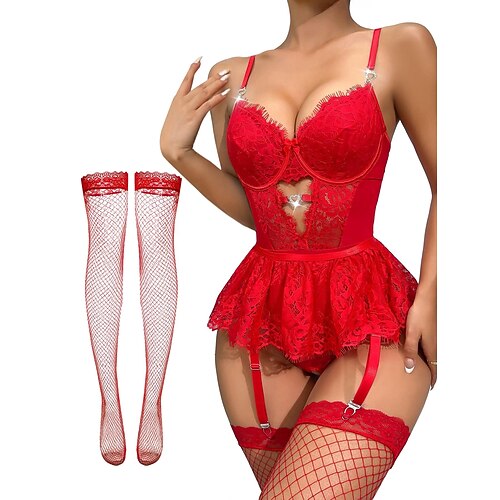 Set Babydoll Unterwäsche Teddy Bodysuit Netzstrümpfe mit Zubehör Frauen Netz Spitze Fancy Nachtwäsche Erwachsene Neujahrsparty Zuhause Kleidung Valentinstag Geschenk für sie Image