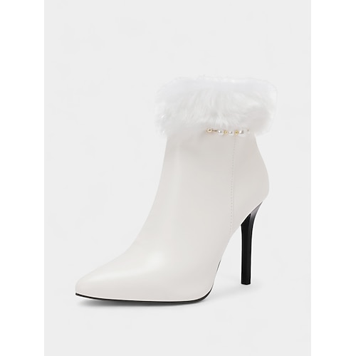 Rote Damenstiefeletten aus Kunstleder mit Kunstfellbund und Reißverschluss, spitzer Zehenbereich, stylischer Stilettoabsatz, perfekt für Weihnachten, Feiertagspartys und festliche Anlässe Image