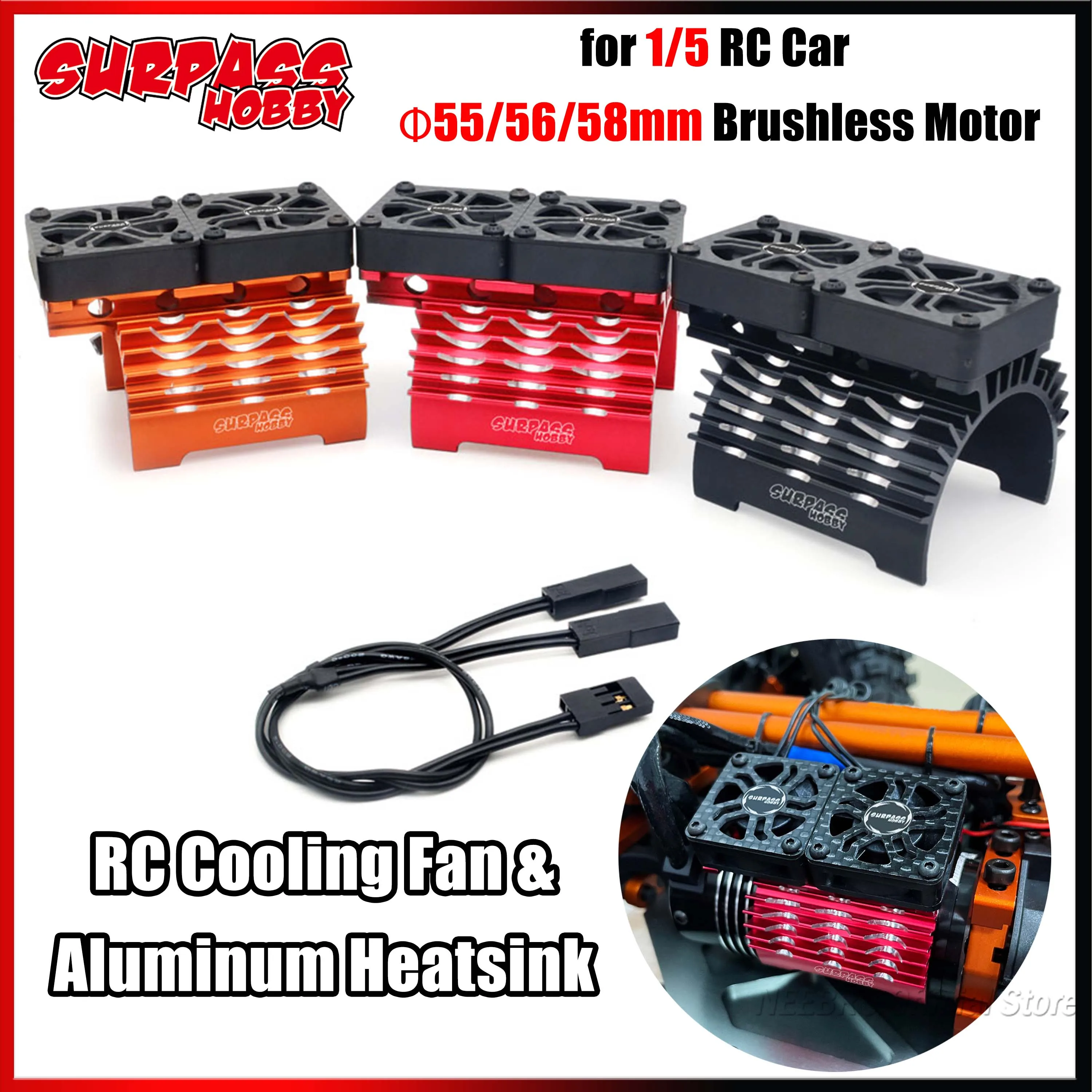 SURPASS HOBBY RC Metal Heatsink Cover With Dual Cooling Fan 8.4V/16000 RPM for 1/5 Car 5687 56113 Brushless Motor Φ55/56/58mm