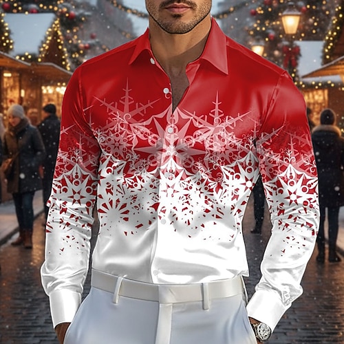 Weihnachten Herren Schneeflocke Farbverlauf Hemd Satinhemd Kleidhemd Langarm Modisch lässig Outdoor Party Ferien Frühling Herbst Umlegekragen 3D-Druck Hemden mit Knopfleiste Rote Blau Purpur Grün Image