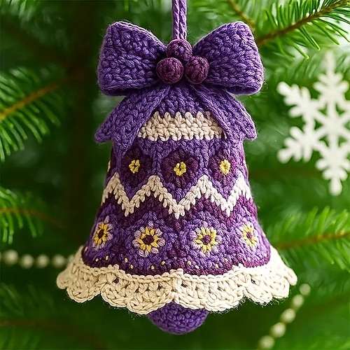 DIY-Häkelset für Weihnachtsglockenornamente, DIY-Häkelset für Weihnachtsbaum, komplettes Bastelset für Anfänger mit Garn Anleitung, hängende gestrickte Weihnachtsbaumglocke, perfekt für Anfänger Image
