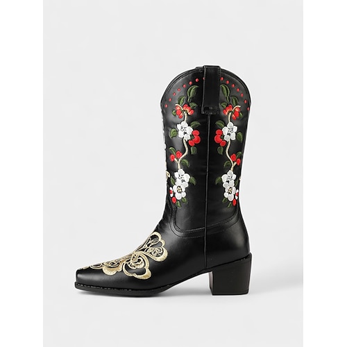 Rote Cowboystiefel aus Kunstleder für Damen mit Blumenmuster und Stickereien, Blockabsatz, Retro-Westernstil, perfekt für Festivals, Freizeitausflüge und Weihnachten Image