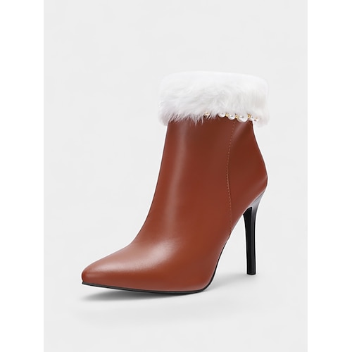 Rote Damenstiefeletten aus Kunstleder mit Kunstfellbund und Reißverschluss, spitzer Zehenbereich, stylischer Stilettoabsatz, perfekt für Weihnachten, Feiertagspartys und festliche Anlässe Image