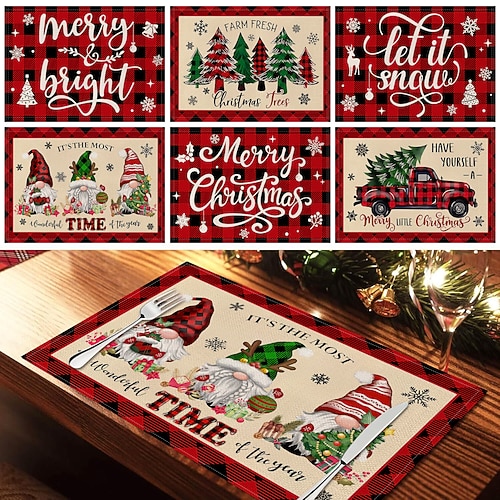 6 stücke weihnachten rote schneeflocke, weihnachten baum, schneemann Hitzebeständige Tischsets aus Leinen mit Weihnachtsmannmotiv, quadratische Tischsets, schmutzabweisend, für die Tischdekoration zu