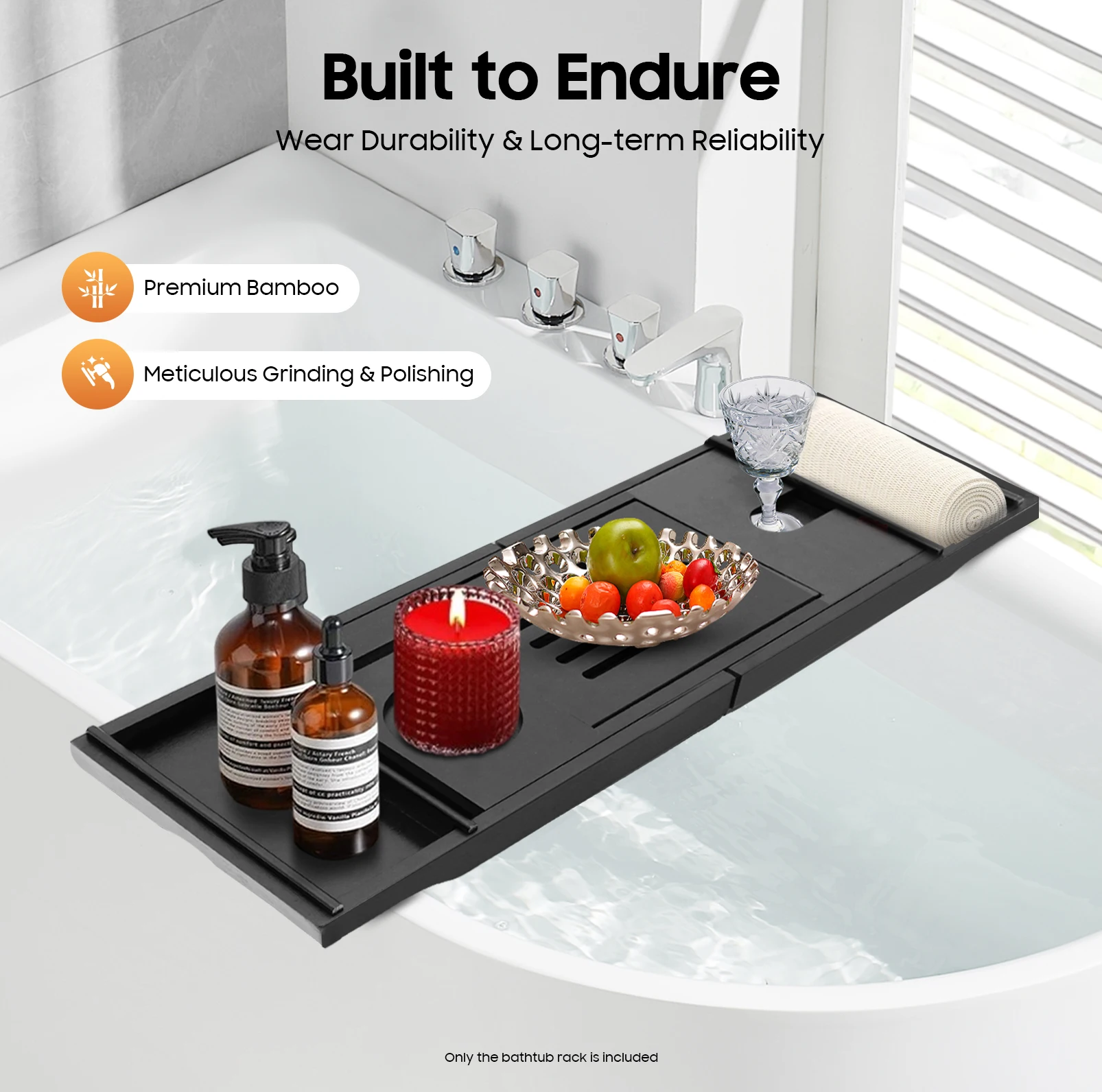 Badewannenablage, 11,8 mm, Bad-Serviertisch, Tablett, Badewanne, Badewanne, Aufbewahrungsregal für Kerzen, Handtuch, erweiterbares Badewannenregal, Caddy-Tablett